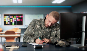 soldier taking exam in classroom